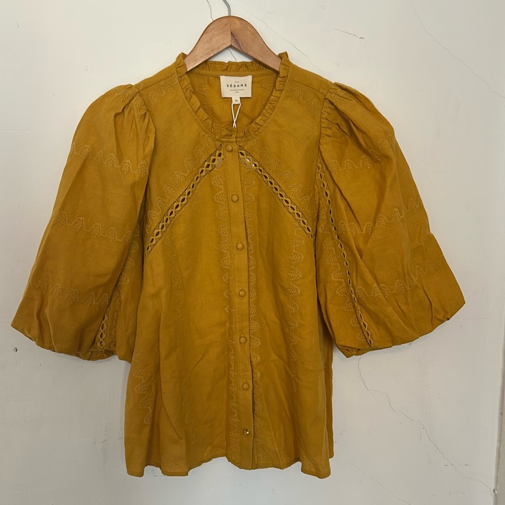 Sezane French cotton embroidered yellow blouse